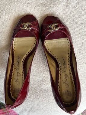 Juicy Couture Burgundy Patent Leather Peep Toe Heels – US 7.5